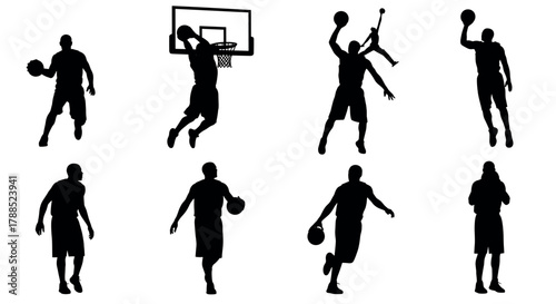 Silhouettes of male basketball players performing dynamic moves such as dunking and dribbling, captured mid-action in various athletic poses.