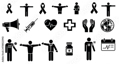 Black and white icons representing health concepts, including a megaphone, syringe, heartbeat, healthcare worker, and medical symbols like ribbons and a globe.