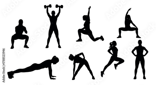 Silhouettes of female figures performing various fitness exercises including squats, lunges, and plank, showcasing strength and flexibility.