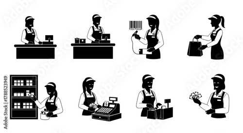Five female and two male figures, all in black silhouette wearing uniforms, perform various roles in a retail store, from cashiering to customer service.
