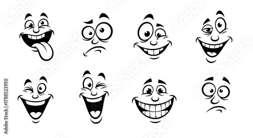 Eight black and white cartoon faces showing various exaggerated expressions including happiness, surprise, and confusion.