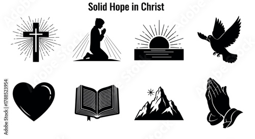 Black and white illustrations depicting christian symbols, including a cross, praying figures, a sunrise, dove, heart, open bible, a mountain with a star, and folded hands in prayer.