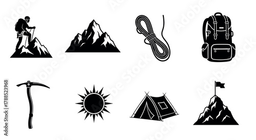 Black silhouette icons of a hiker on a mountain, a jagged mountain peak, a coiled climbing rope, a sturdy backpack, an ice axe, a radiant sun, a pitched tent, and a mountain with a flag.