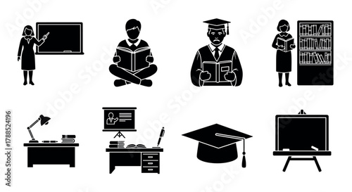 Silhouette icons featuring people studying and teaching, including a female teacher, male student, and graduate, alongside educational tools and classroom settings.