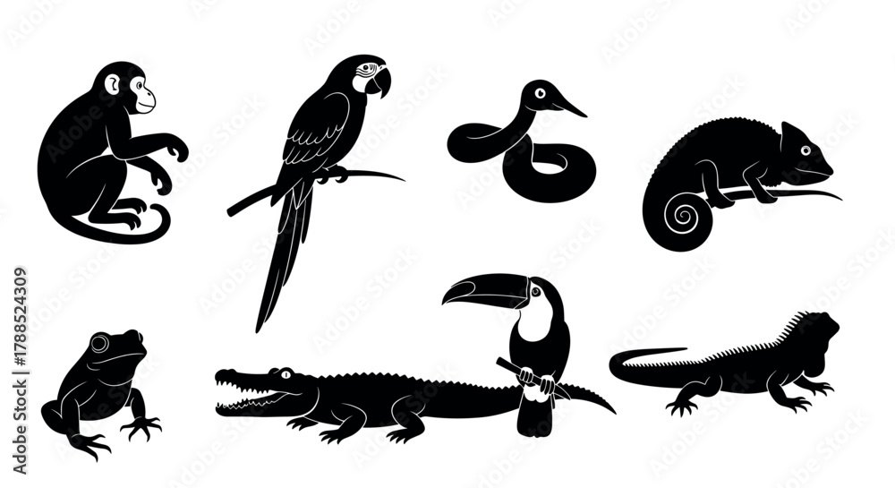 Naklejka premium Black silhouette icons of various animals including a monkey, parrot, snake, chameleon, frog, crocodile, toucan, iguana, representing diverse wildlife species.