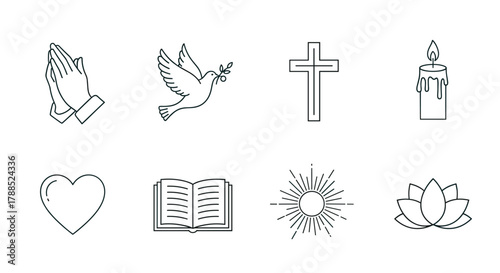 Black outline icons of praying hands, dove with olive branch, cross, candle, heart, open book, sun, and lotus flower, representing peace and spirituality.
