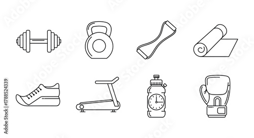 Black outline icons of various fitness equipment including a dumbbell, kettlebell, resistance band, yoga mat, sneaker, treadmill, water bottle, and boxing glove.