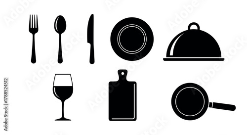 Black silhouette icons of dining utensils including fork, spoon, knife, plate, cloche, wine glass, cutting board, and frying pan on a white background.