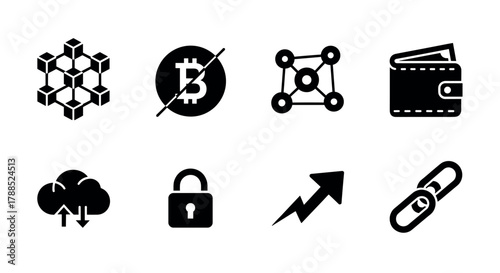 Black icons representing blockchain, cryptocurrency, digital wallets, cloud storage, security, growth, and connectivity concepts.
