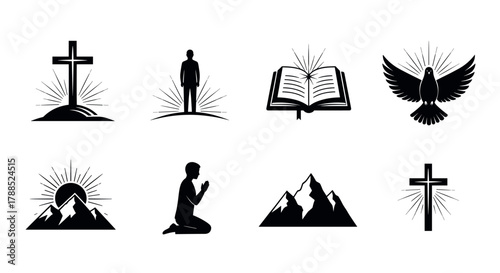 Black silhouette icons of christian symbols including a cross on a hill, a person, an open bible, a dove, a sunrise over mountains, and a kneeling figure praying.
