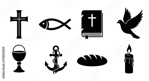 Collection of black silhouette religious symbols including a cross, ichthys fish, open bible, dove, chalice, anchor, loaf of bread, and lit candle.