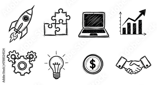 Hand-drawn black outline icons representing a rocket, puzzle pieces, laptop, graph, gears, light bulb, coin, and handshake.