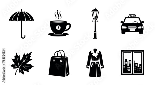Collection of black silhouette icons featuring an umbrella, steaming coffee cup, street lamp, taxi, maple leaf, shopping bag, trench coat, and cityscape window.