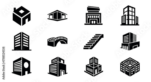 Set of twelve black silhouette icons depicting various architectural structures, including residential buildings, office towers, and a bridge.
