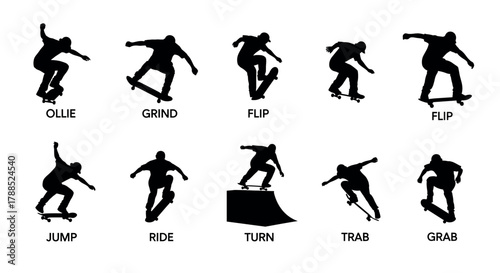 Silhouette illustrations of skateboarders performing various tricks like ollie, grind, flip, and grab in different dynamic poses.