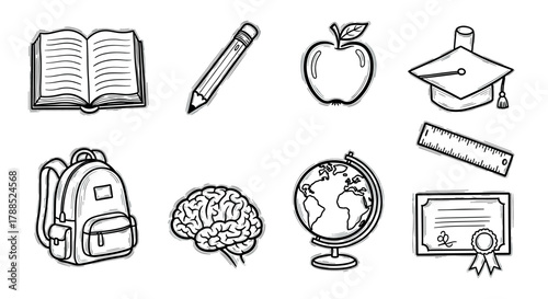 Black and white sketch-style icons depicting an open book, pencil, apple, graduation cap, backpack, brain, globe, ruler, and certificate for education themes.