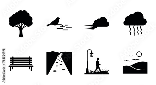 Simple black silhouette icons illustrating a tree, a bird on a branch, clouds, rain, a park bench, a footpath, a person walking under a street lamp, and a landscape with a sun.