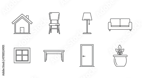 Eight minimalist black outline icons depicting a house, chair, lamp, sofa, window, table, door, and potted plant, representing various home furniture and decor elements.