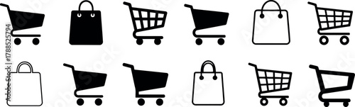 Shopping cart and bag icons set Vector