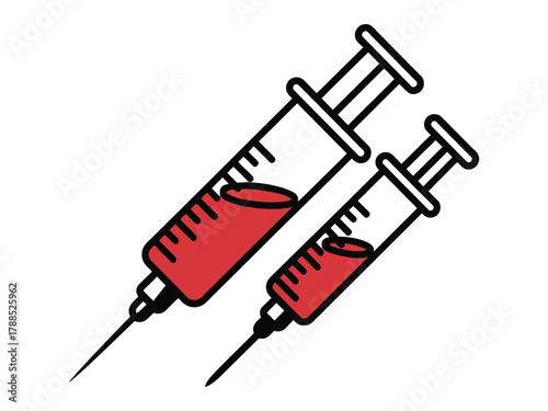 Two syringes with red liquid, ideal for illustrating medical concepts, vaccinations, or blood donations