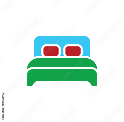 A vibrant icon of a bed with pillows, , representing comfort, rest, and the essence of a cozy bedroom setting