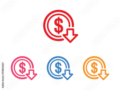 Dollar coin with downward arrow, symbolizing financial loss, economic downturn, or investment risk, presented in red, pink, blue, and orange