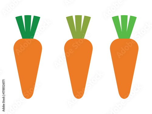 Three vibrant carrots stand in a row, their orange bodies and green tops creating a visually appealing and healthy vegetable illustration