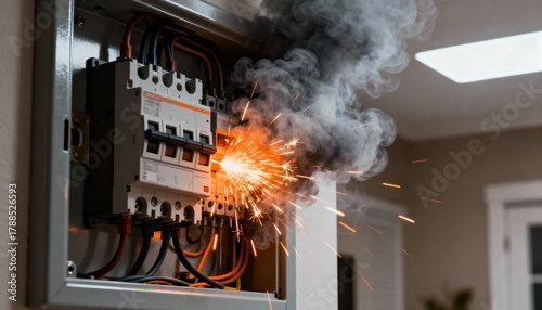 Close-up of a catastrophic electrical fault in a circuit breaker box, producing intense sparks and smoke.
