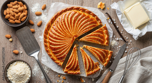 Traditional Epiphany cake sliced, golden dough interior, top-down flat lay with cooking ingredients, bright vibrant lifestyle food photography