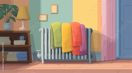 Flat vector of a folded blanket draped over a home radiator in a warm winter room, cozy interior scene with clean bold colors