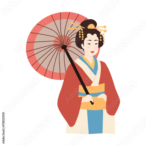 A colorful flat vector illustration of a geisha holding a traditional japanese umbrella a symbol of culture and beauty
