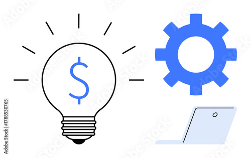 Light bulb with dollar sign, blue gear, and laptop reflect innovation, finance, and technology. Ideal for business growth, strategy, creativity, fintech entrepreneurship collaboration simple flat