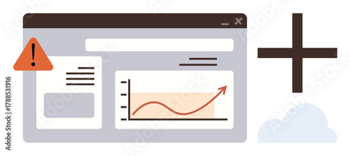 Analytics dashboard displaying a growth chart with upward trend, alert triangle, plus sign, and cloud. Ideal for progress tracking, alerts, collaboration, analysis, cloud computing data