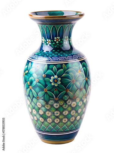 Ornate antique ceramic vase with floral pattern isolated on white background