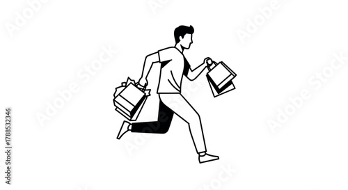 Man running with shopping bags in a hurry