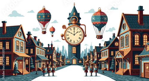 Whimsical steampunk town with hot air balloons and a giant clock tower