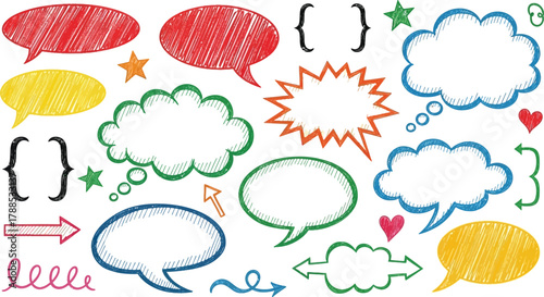 Colorful HandDrawn Speech Bubbles, Brackets, Hearts and Arrows on White Background