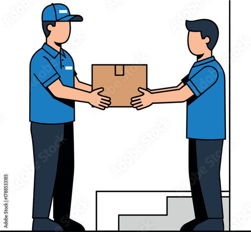 Delivery person hands package to recipient illustration