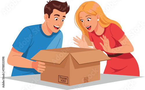 Excited couple unboxing a surprise package together