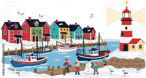 Charming winter harbor scene with colorful buildings and boats