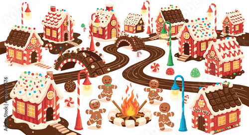 Whimsical gingerbread village scene with candy decorations and festive figures