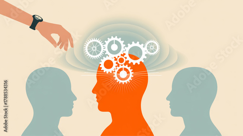 Wallpaper Mural A minimalist illustration of a cognitive process concept. The image shows two side-profile silhouettes in light blue on either side of a central orange head silhouette against a beige background. Torontodigital.ca