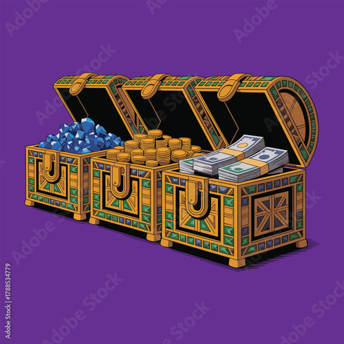 Treasure Chest Illustration with Gold Coins, Gems and Cash on Purple Background