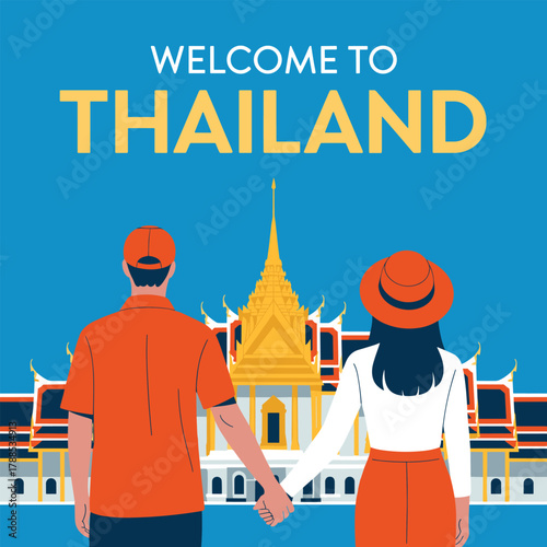 Couple Traveling Illustration with Welcome to Thailand Text and Temple Background