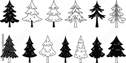 Stylized pine tree icon set, decorative silhouette illustration, seasonal forest symbol, black vector design, cad sketch for holiday themes