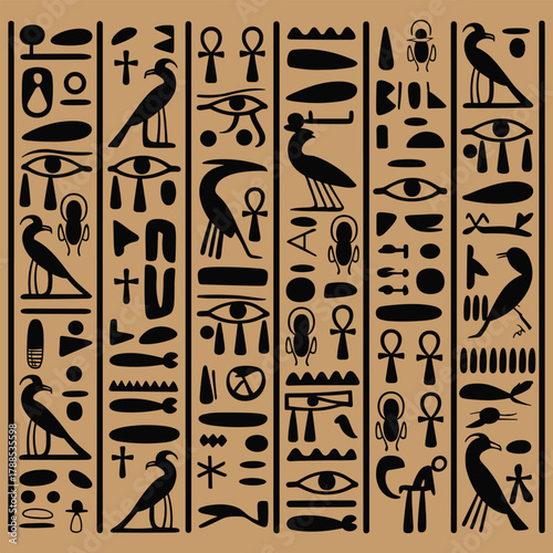 Ancient Egyptian Hieroglyph Pattern with Traditional Symbols on Brown Background
