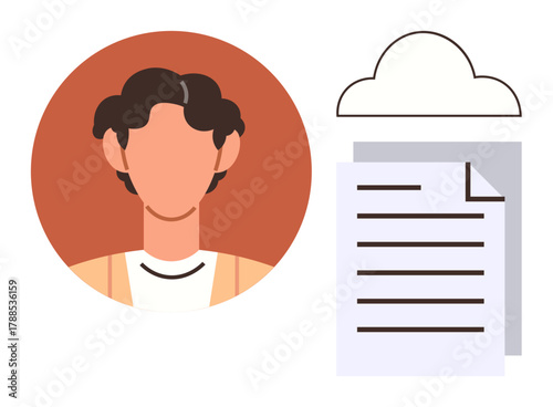 Person avatar beside cloud and document icons symbolizes online data storage, user account, and digital file access. Ideal for technology, cloud storage, profile management, data security, online