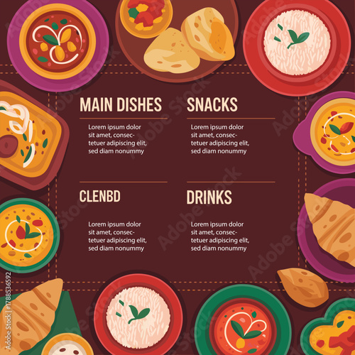 “Indian Restaurant Menu Template with Traditional Food Dishes and Drinks Illustration”
