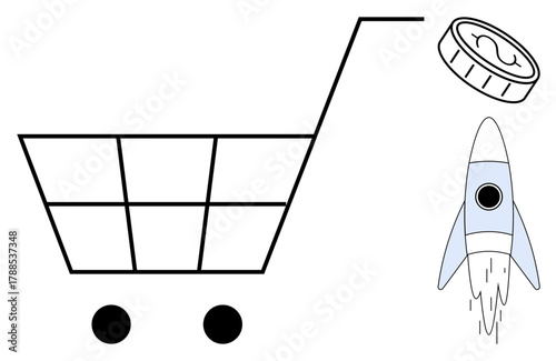 Shopping cart with coin and rocket showcasing economic growth, innovation, and e-commerce growth. Ideal for business, technology, marketing, finance, investment commerce start-up themes. Simple