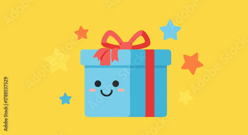 A Cute Blue Gift Box with a Smiling Face Surrounded by Stars, Perfect for Celebrations and Special Occasions
